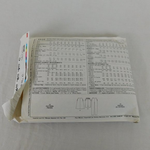 McCalls 4535 Sewing Pattern Women Skirts Pants CUT to Size 14 Pre-Owned Vintage - Picture 2 of 3